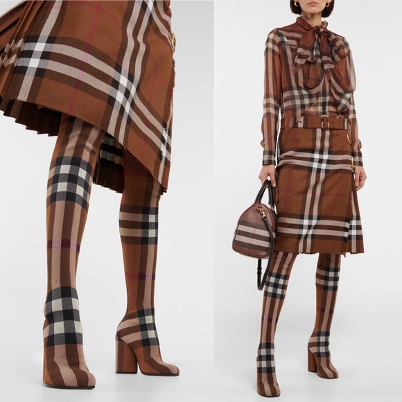 NIB Burberry 36 Anita Knit Check Over-the-Knee Thigh High Stretch Boots in Brown - Picture 6 of 17